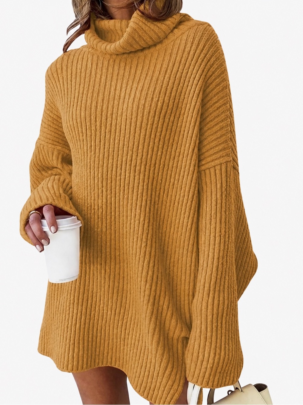 Camel Yellow Ochre Cowl Neck Sweater Dress Tunic Top Mini Dress NWT XL #1931